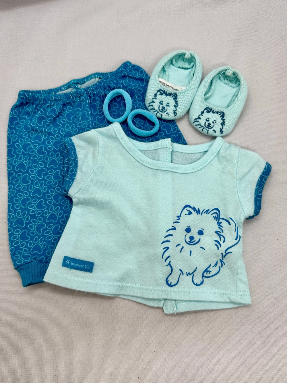 American Girl Light Aqua Puppy Tee and Teal Print Pants Set